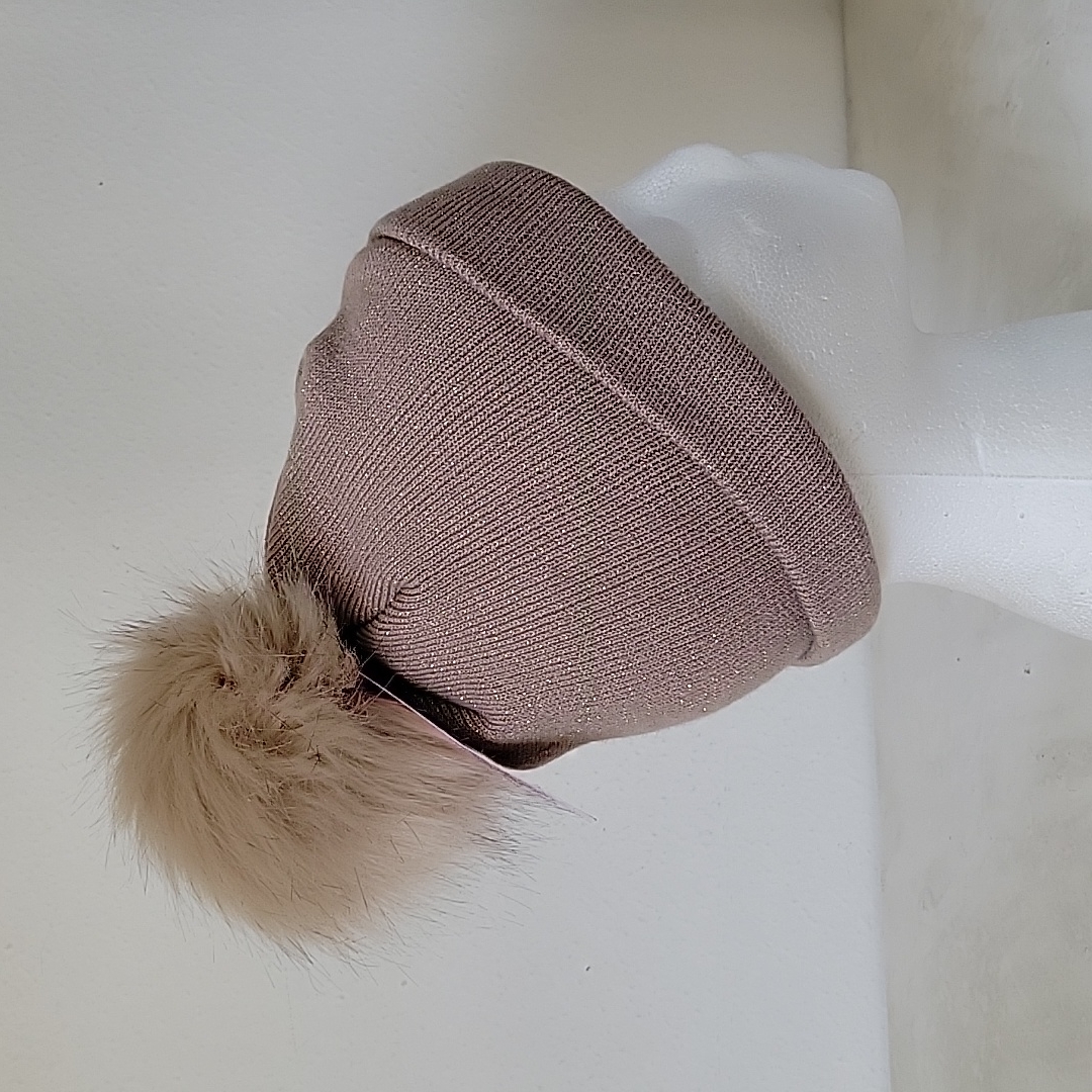 Nwt Giddy Up Glamour Taupe Knit Beanie With Gold Shimmery Sparkle And Pom — image 3 of 8